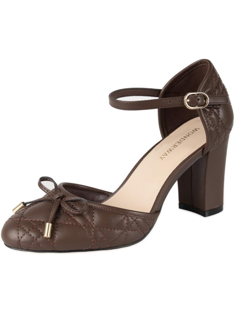 Women's Brown Chunky Block Heel Pumps, Bow Ankle Strap Closed Toe High Heels